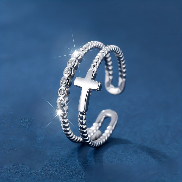 Dual-Band Cross Ring: Zircon Sparkle & Faith Devotion for Daily Wear