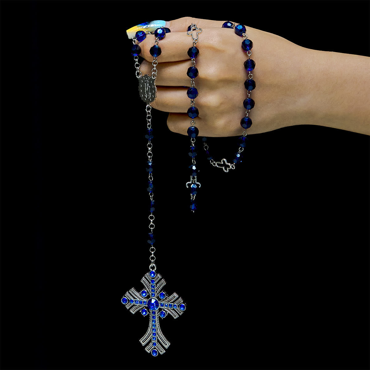 Miraculous Medal & Cross of 8 mm Polyhedron Blue Crystal Alloy Chain Rosary