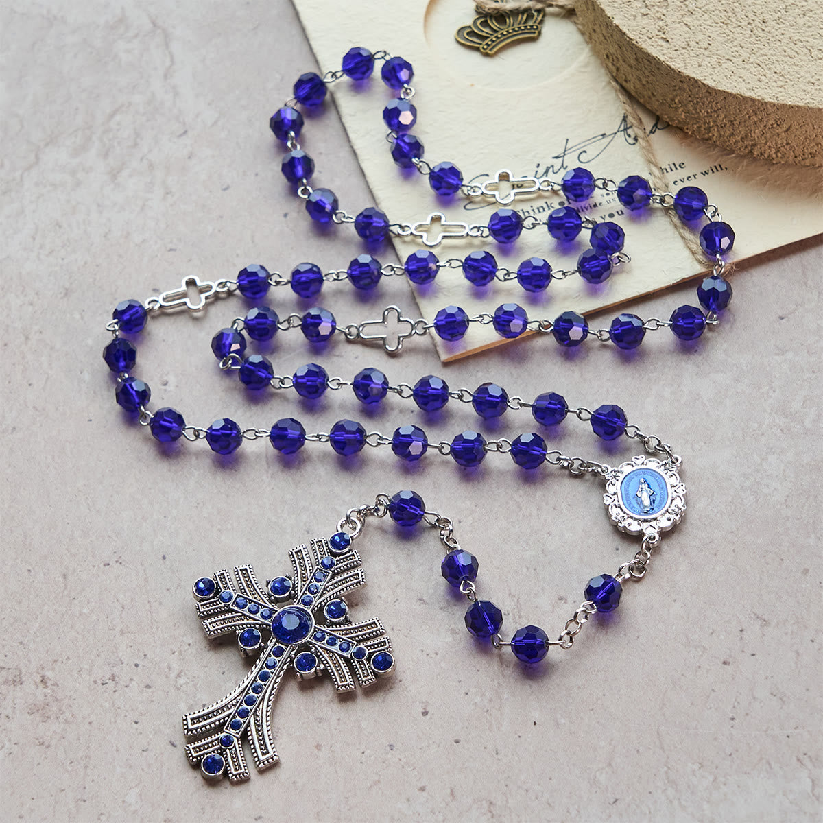 Miraculous Medal & Cross of 8 mm Polyhedron Blue Crystal Alloy Chain Rosary