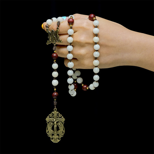 White Bodhi & Brown Wood Sacred Harmony Rosary with Antique Our Lady