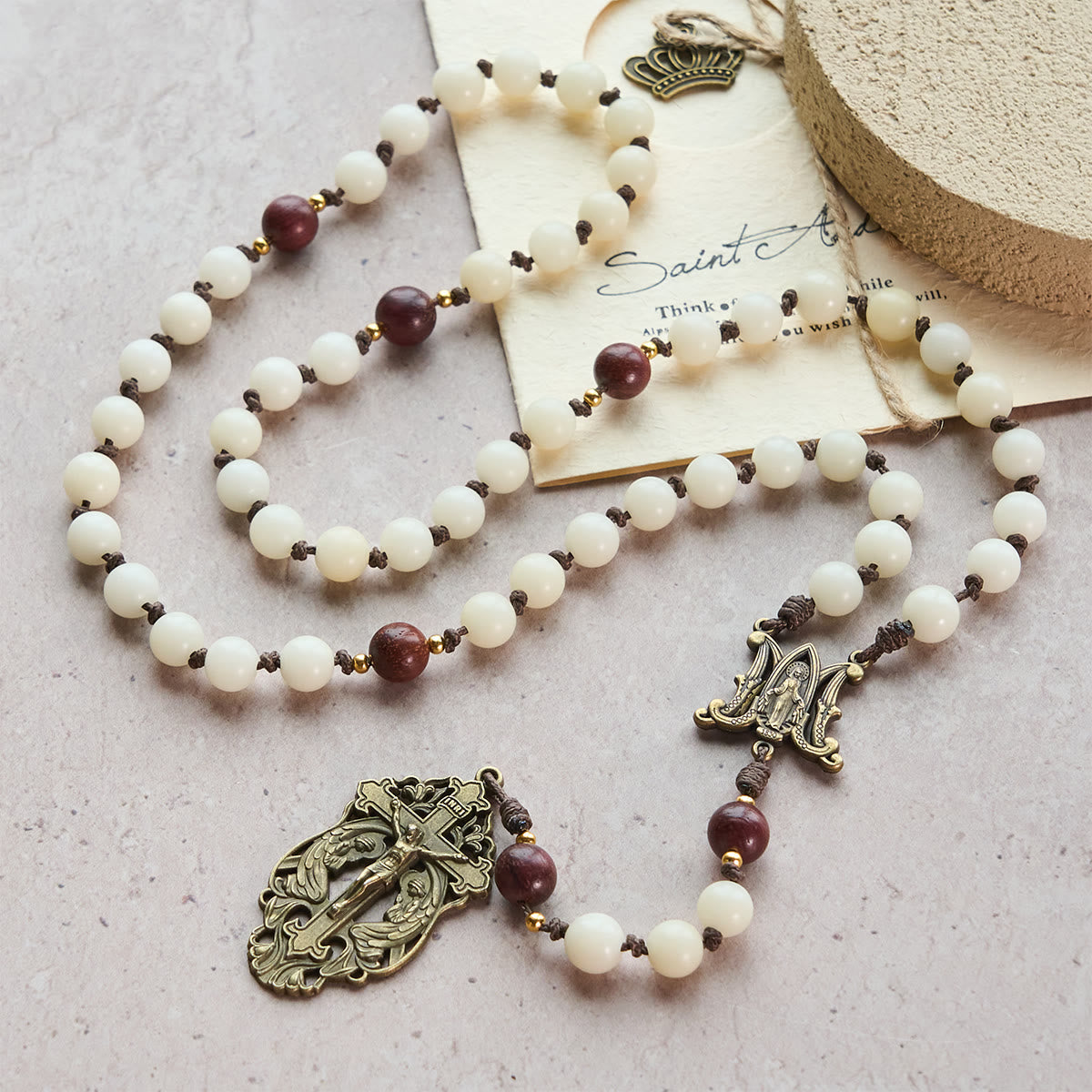 White Bodhi & Brown Wood Sacred Harmony Rosary with Antique Our Lady