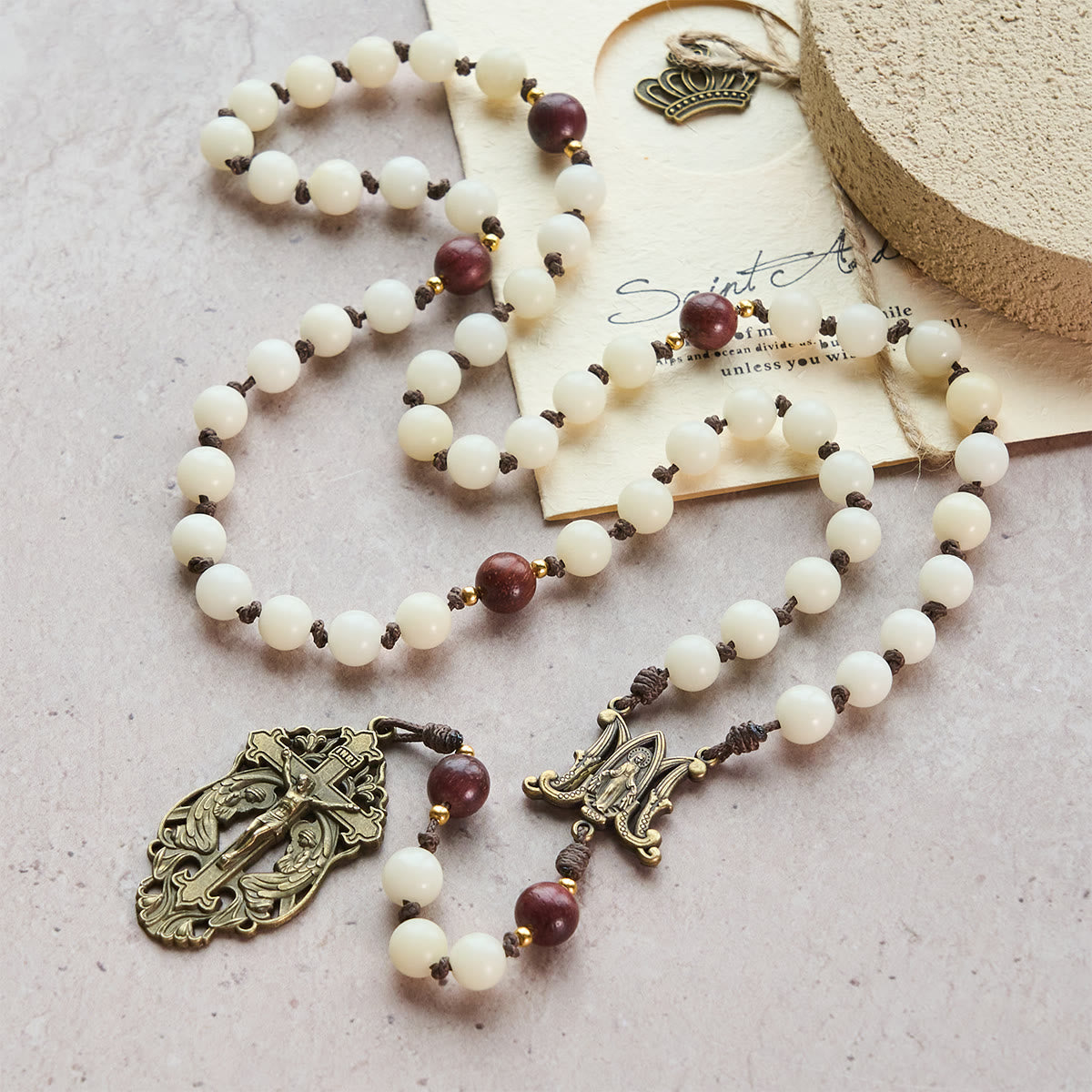 White Bodhi & Brown Wood Sacred Harmony Rosary with Antique Our Lady