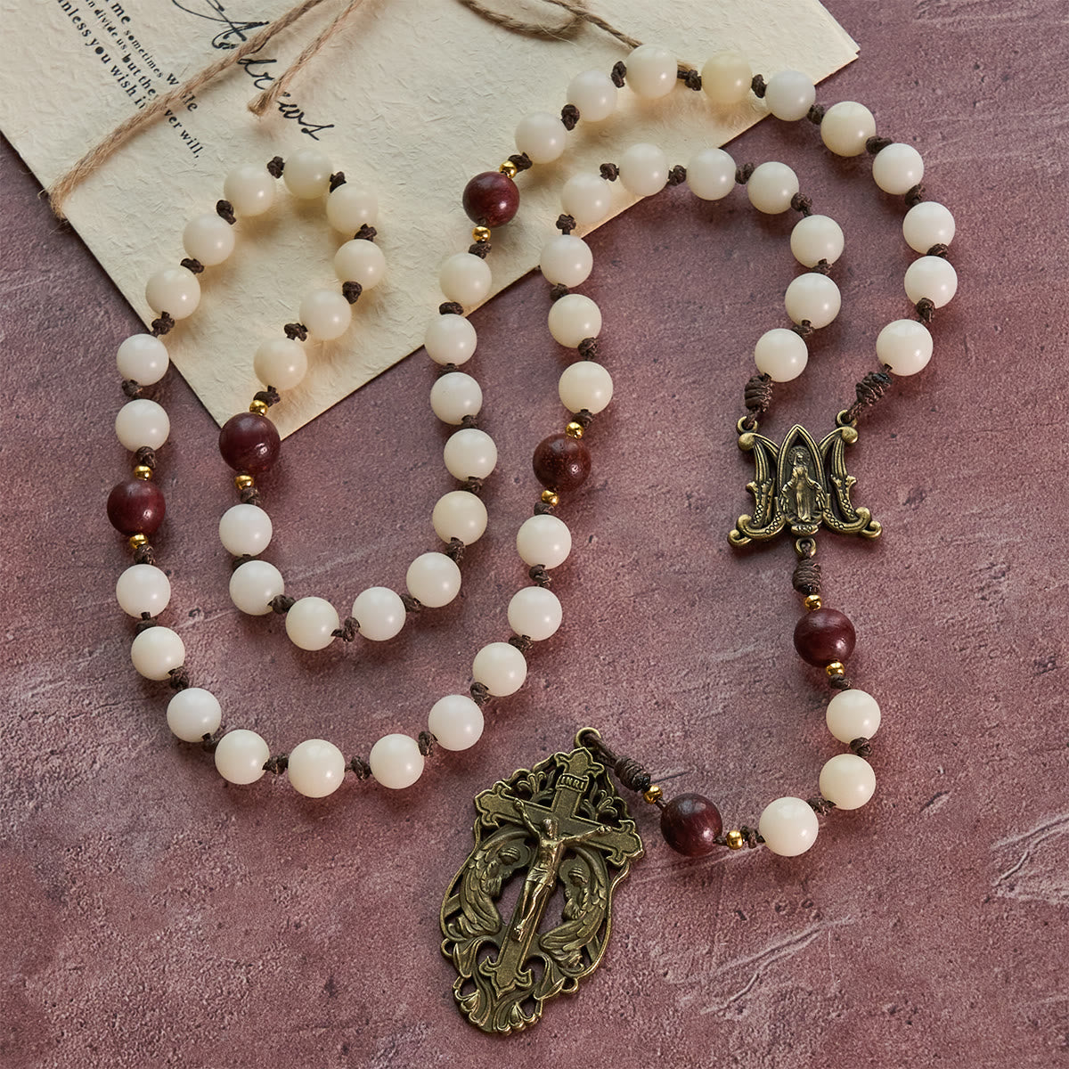 White Bodhi & Brown Wood Sacred Harmony Rosary with Antique Our Lady