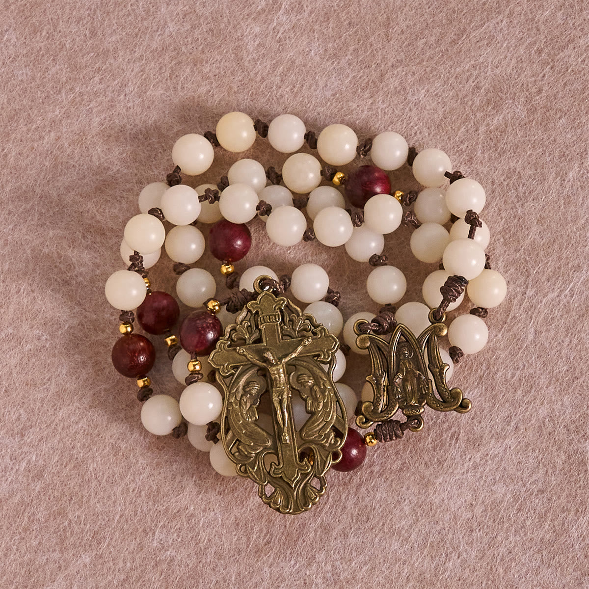 White Bodhi & Brown Wood Sacred Harmony Rosary with Antique Our Lady