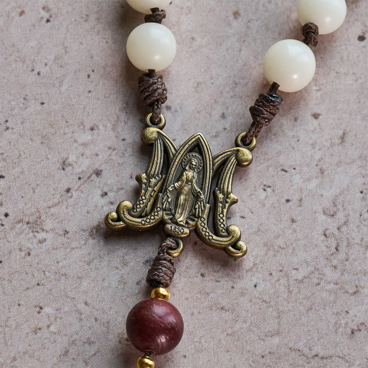 White Bodhi & Brown Wood Sacred Harmony Rosary with Antique Our Lady