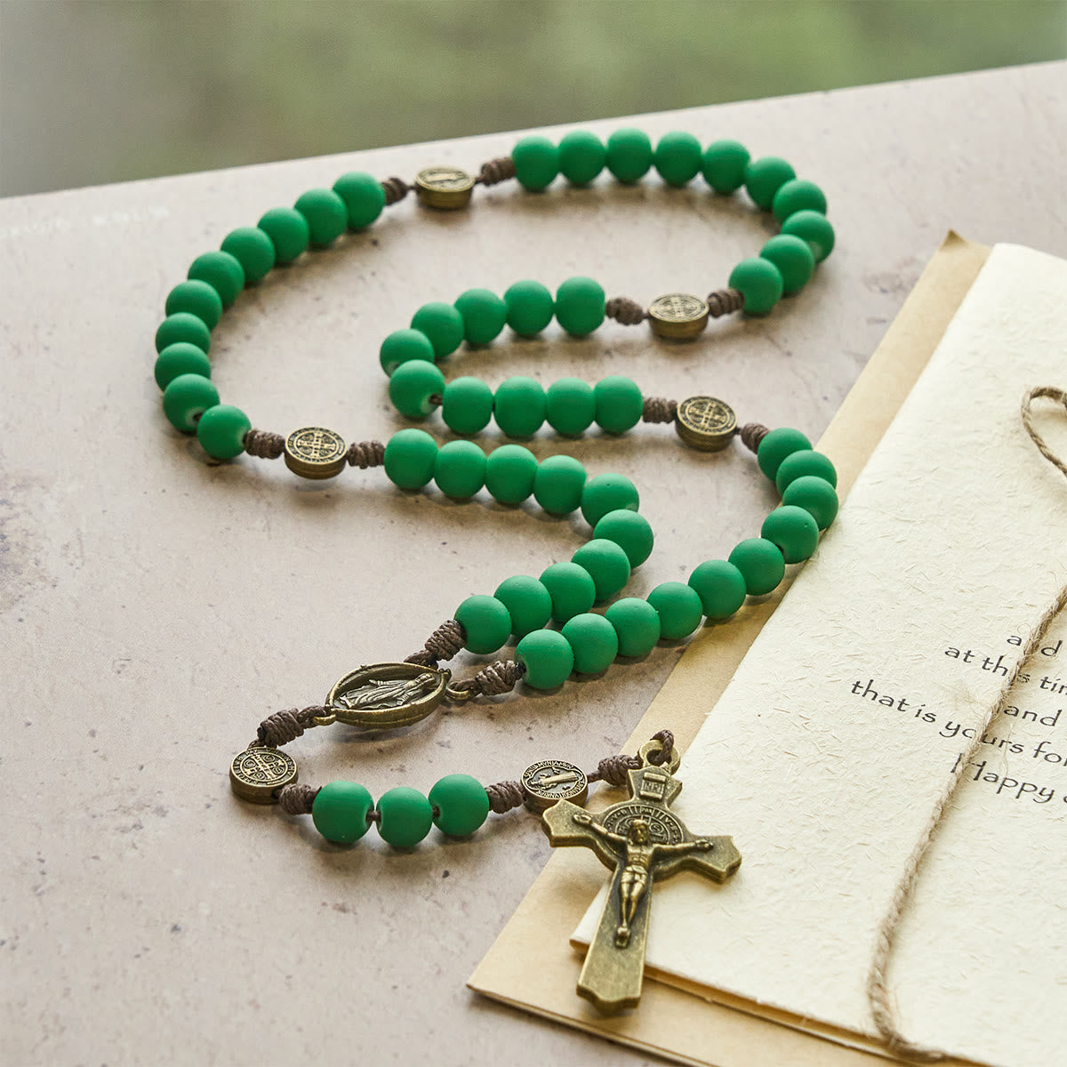 Christmas Gift: Matte Green Rubber Beads Rosary with St. Benedict Protection
