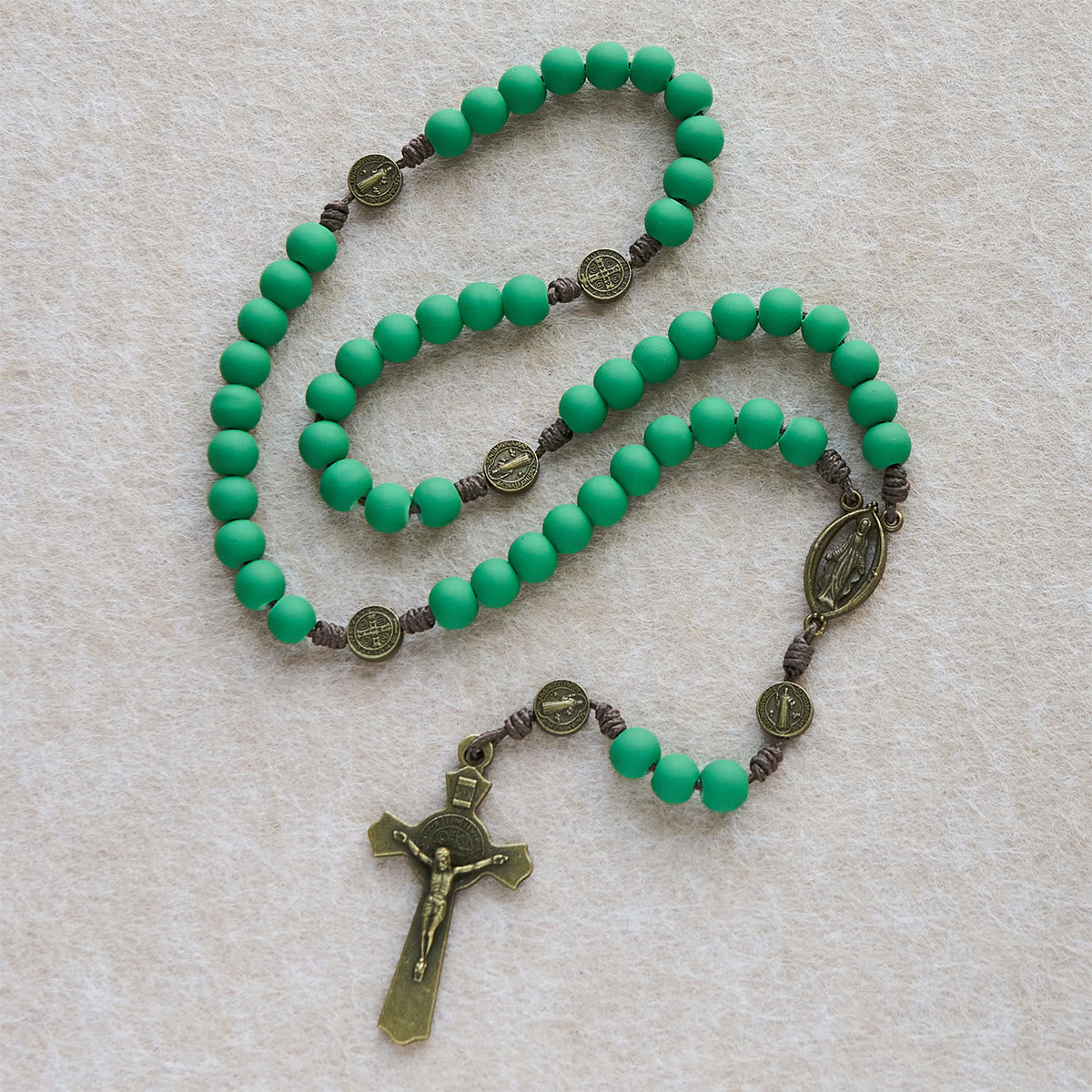 Christmas Gift: Matte Green Rubber Beads Rosary with St. Benedict Protection