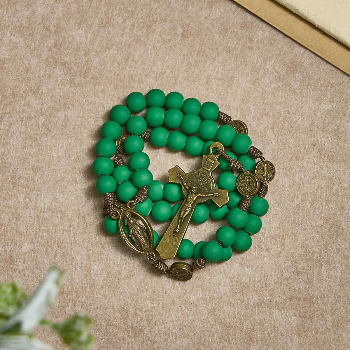 Christmas Gift: Matte Green Rubber Beads Rosary with St. Benedict Protection