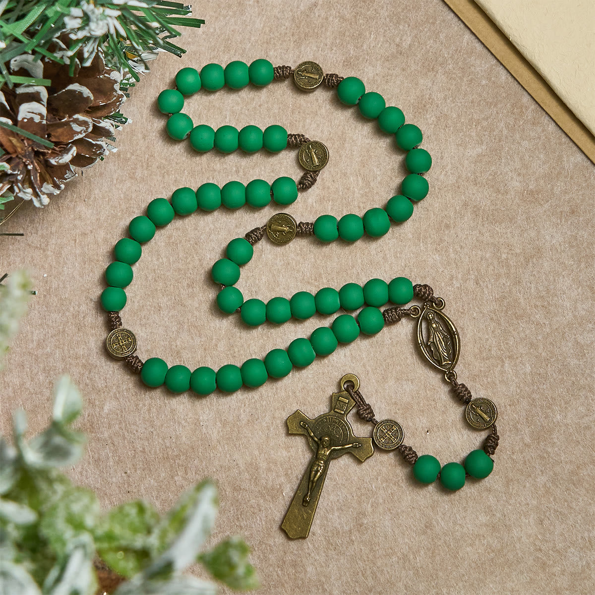 Matte Green Rubber Beads Rosary with St. Benedict Protection