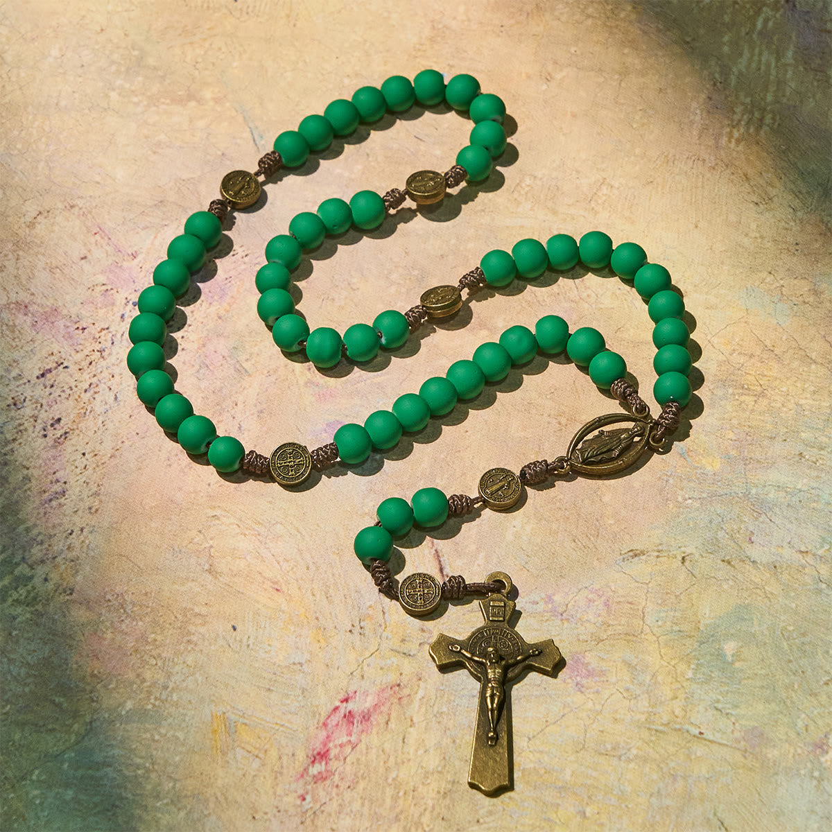 Christmas Gift: Matte Green Rubber Beads Rosary with St. Benedict Protection
