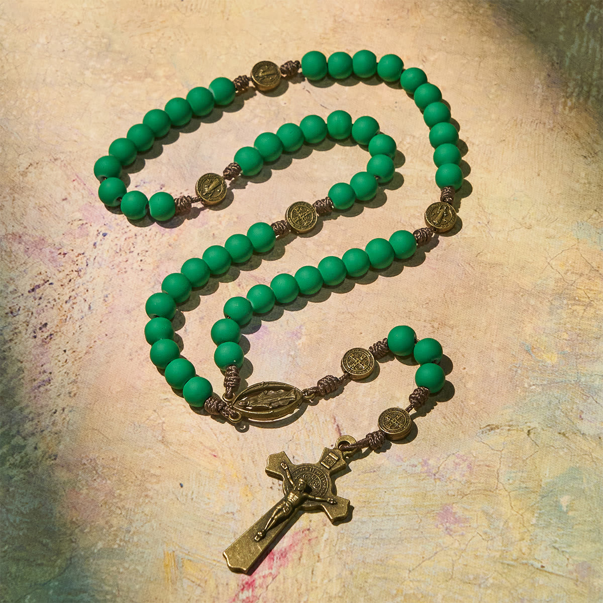 Matte Green Rubber Beads Rosary with St. Benedict Protection