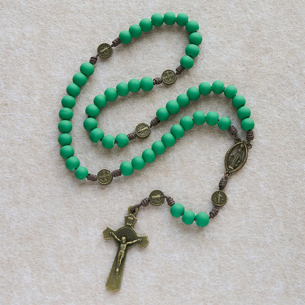 Matte Green Rubber Beads Rosary with St. Benedict Protection