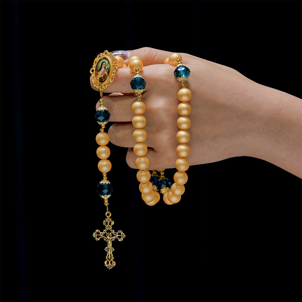 Elegant Matte Golden Pearl Rosary with St. Therese and Crucifix