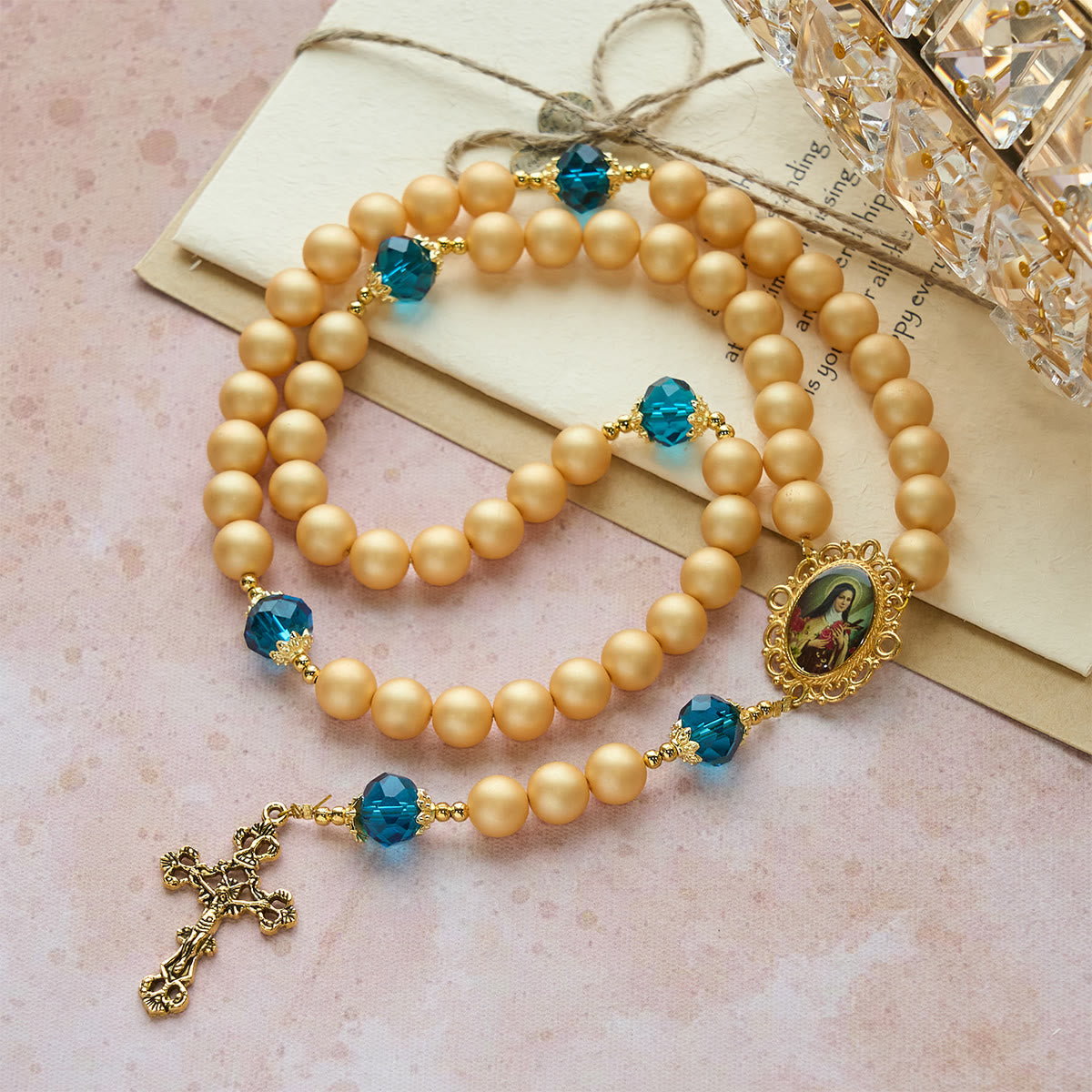 Elegant Matte Golden Pearl Rosary with St. Therese and Crucifix