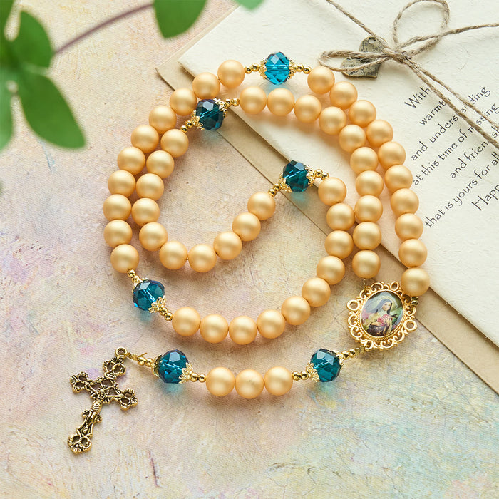 Elegant Matte Golden Pearl Rosary with St. Therese and Crucifix