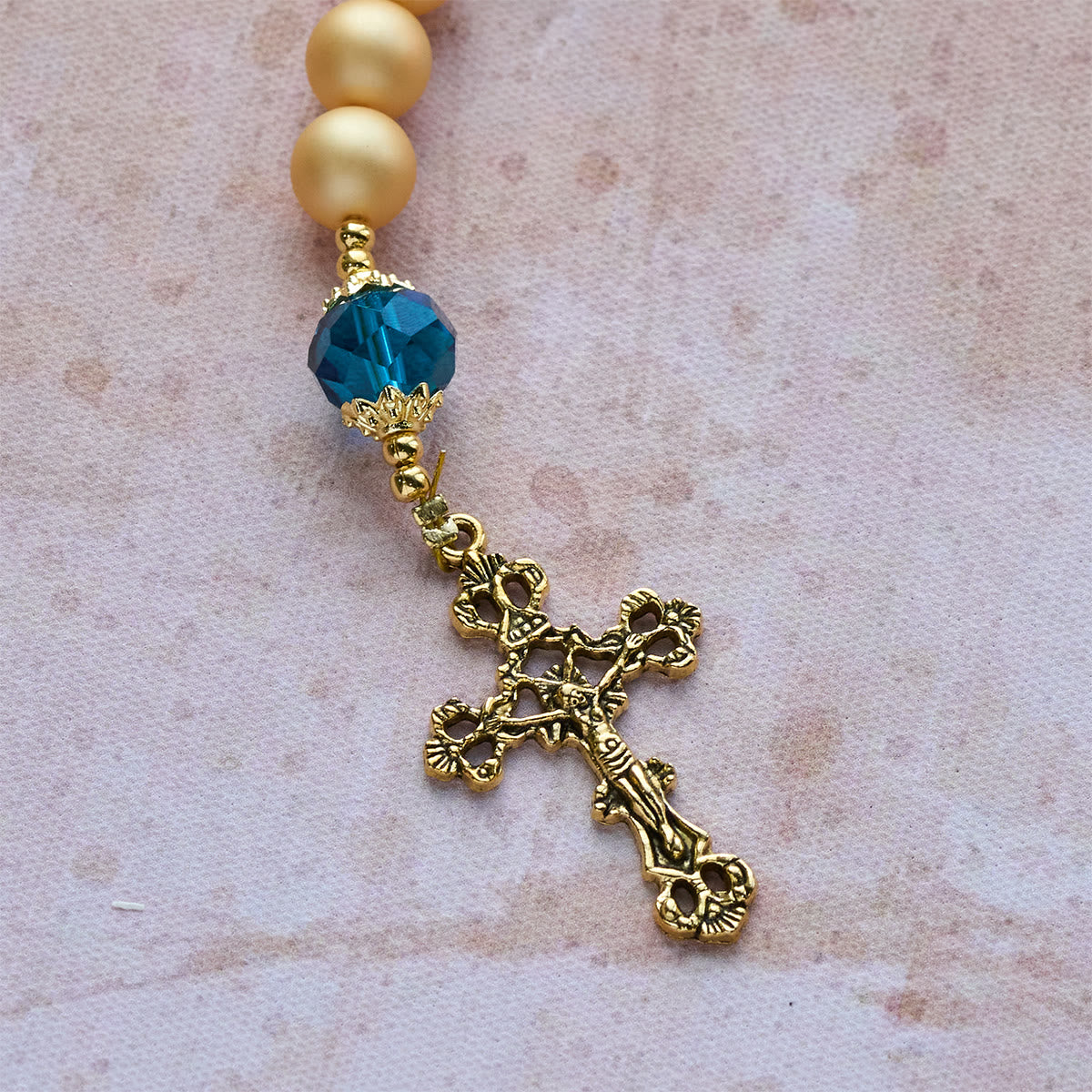 Elegant Matte Golden Pearl Rosary with St. Therese and Crucifix