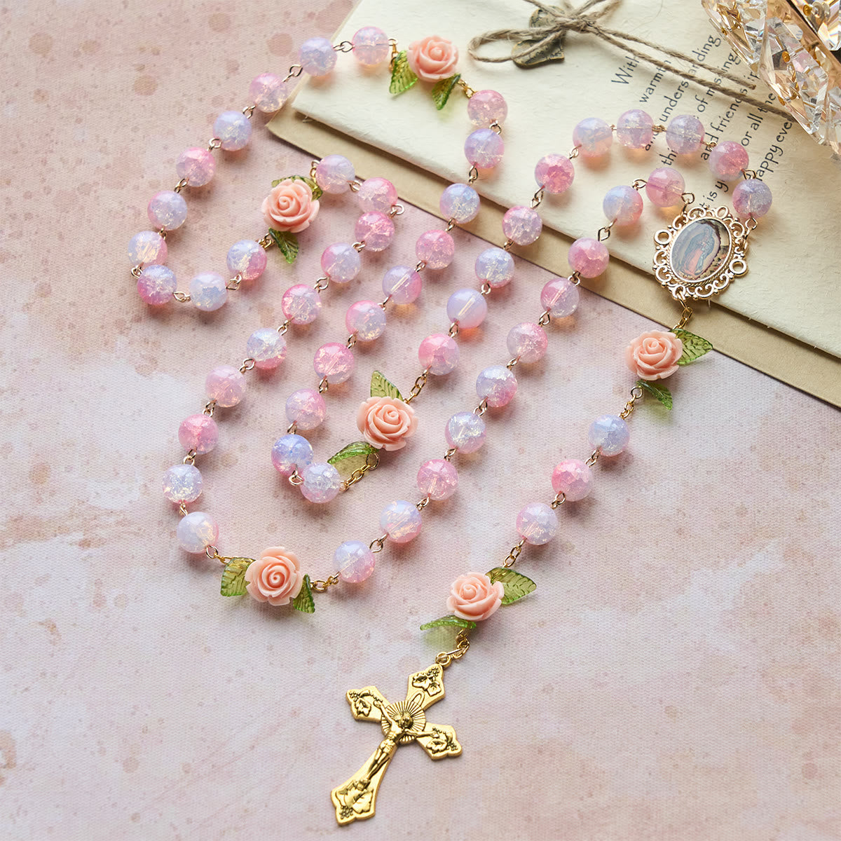 Virgin Mary with Rose-Accented Rosary: Timeless Faith & Floral Faith Symbol