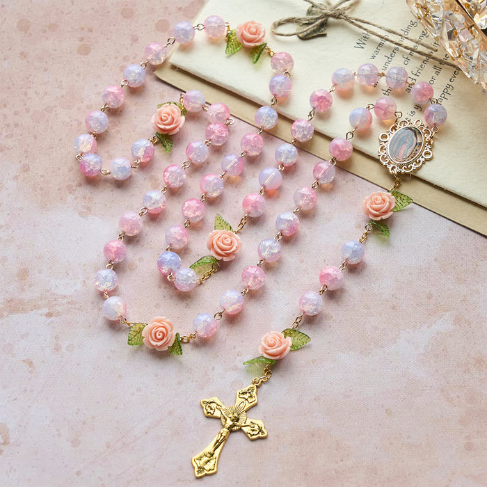 Virgin Mary with Rose-Accented Rosary: Timeless Faith & Floral Faith Symbol