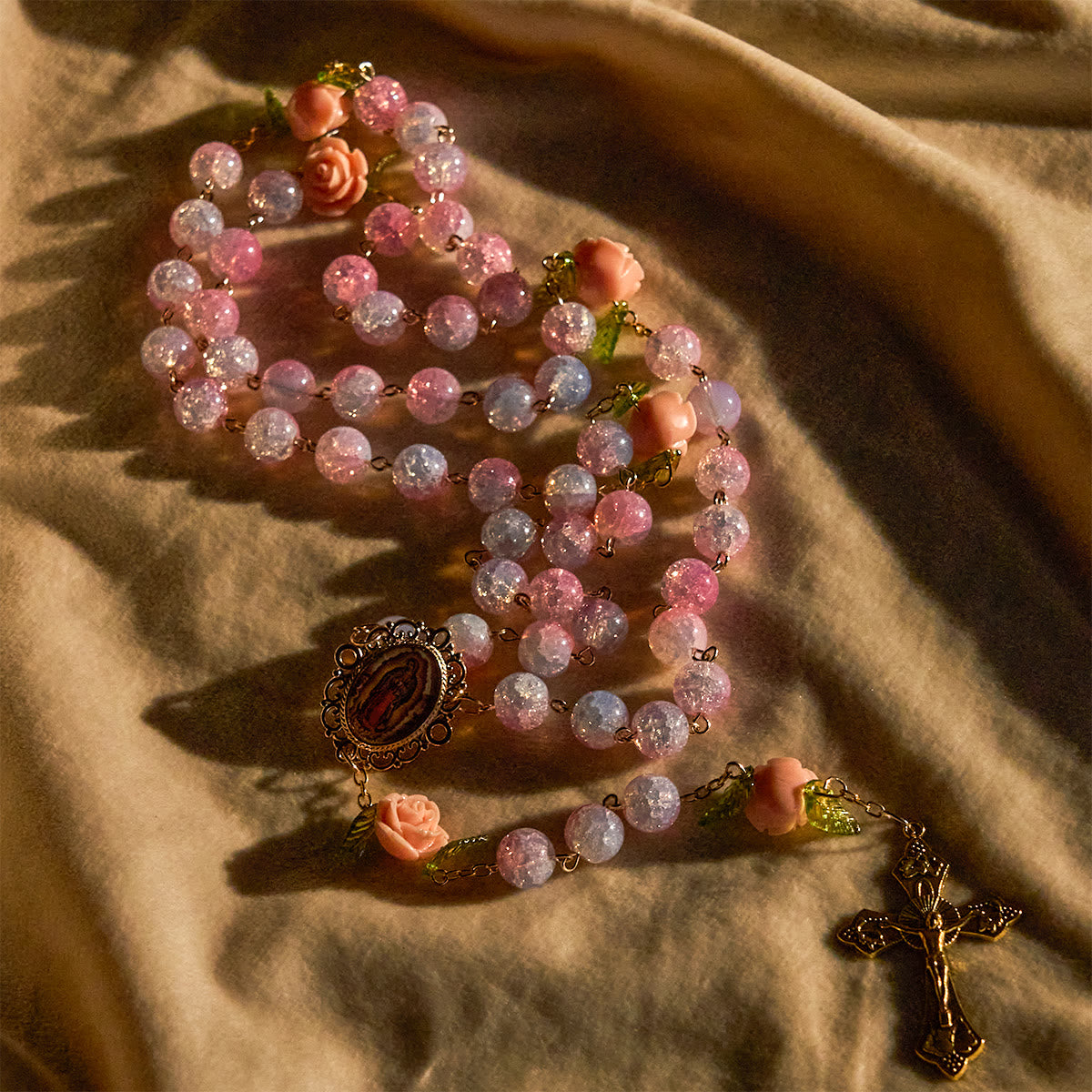 Virgin Mary with Rose-Accented Rosary: Timeless Faith & Floral Faith Symbol