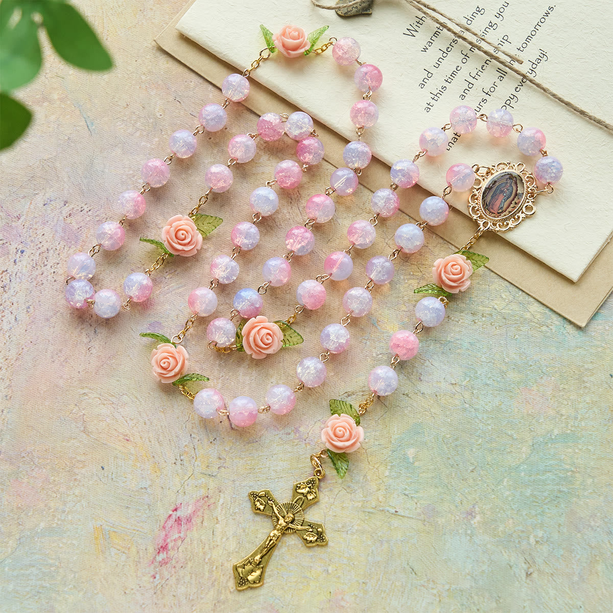 Virgin Mary with Rose-Accented Rosary: Timeless Faith & Floral Faith Symbol