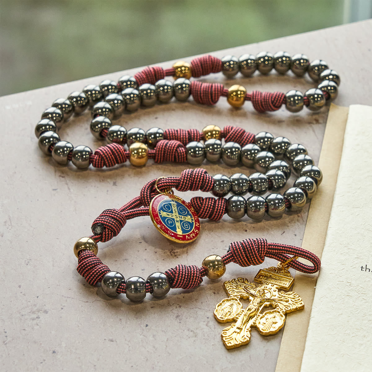 Bronze -Tone Beads Rosary with Pardon Cross & St. Benedict Accents
