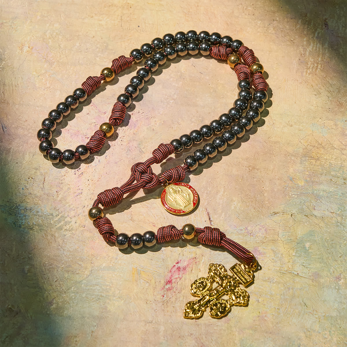 Bronze -Tone Beads Rosary with Pardon Cross & St. Benedict Accents
