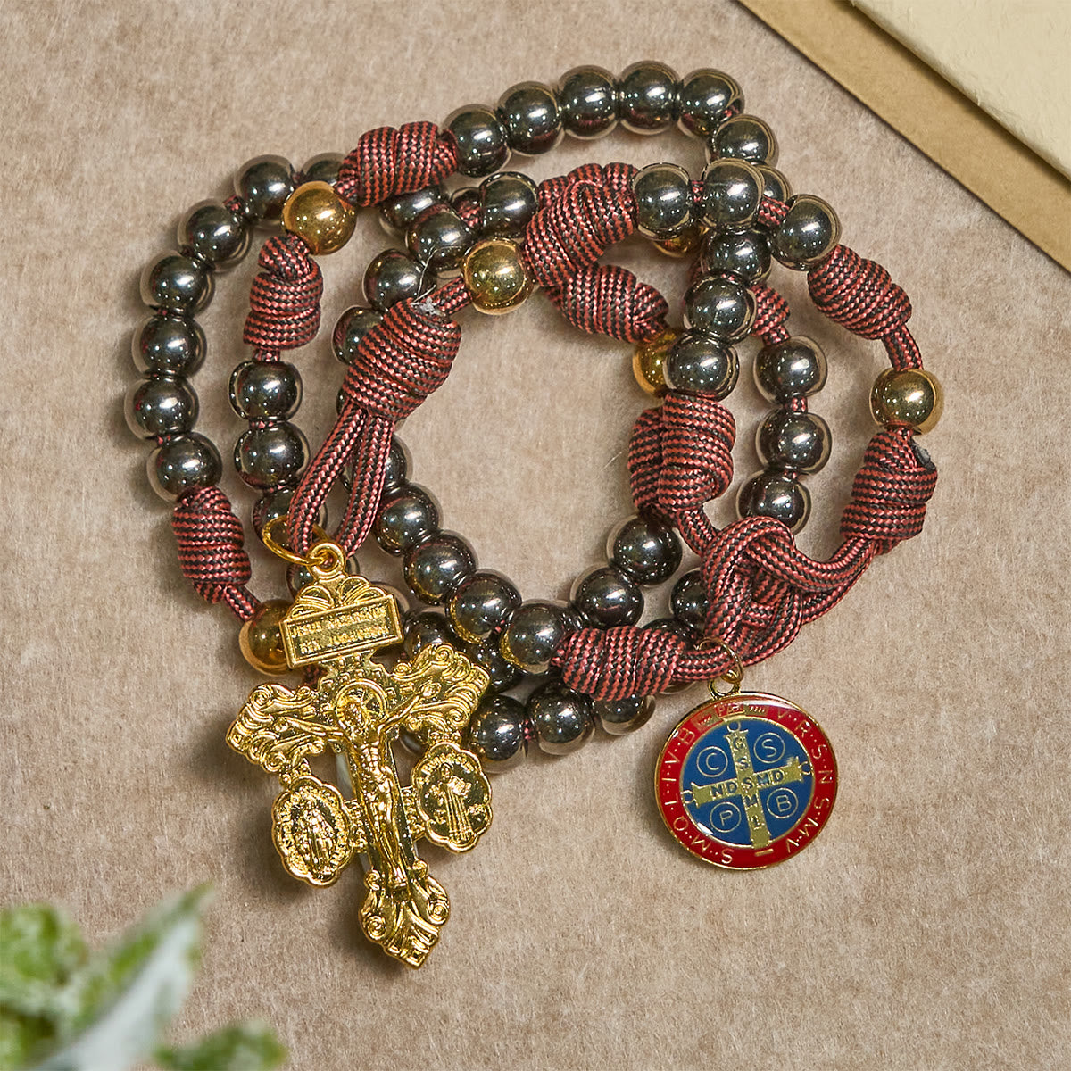 Bronze -Tone Beads Rosary with Pardon Cross & St. Benedict Accents