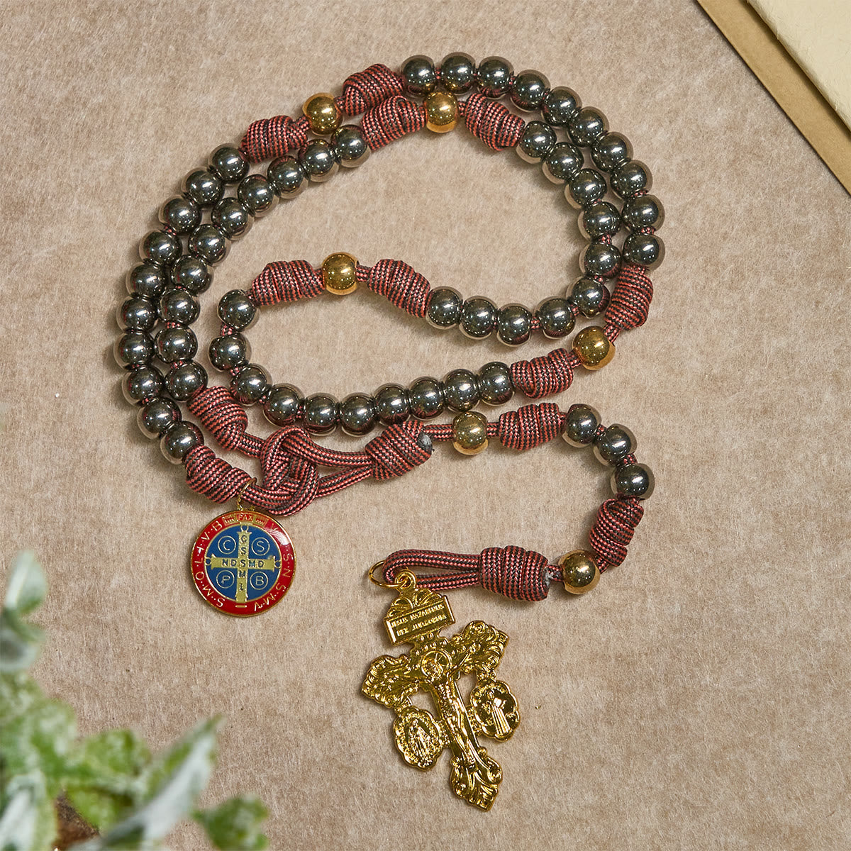 Bronze -Tone Beads Rosary with Pardon Cross & St. Benedict Accents