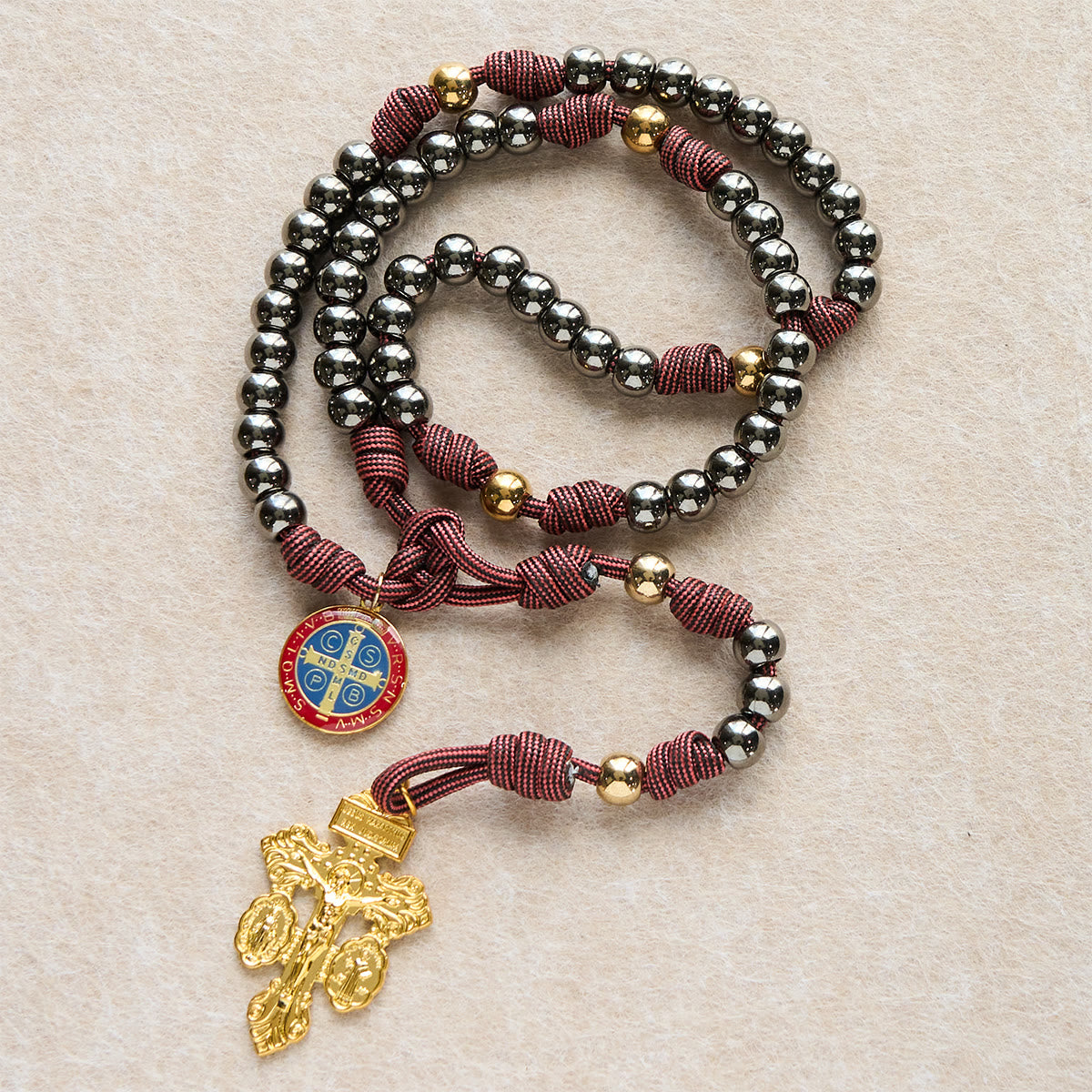 Bronze -Tone Beads Rosary with Pardon Cross & St. Benedict Accents