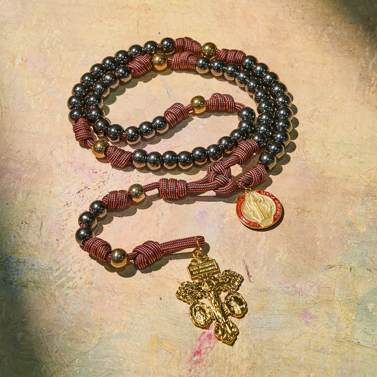 Bronze -Tone Beads Rosary with Pardon Cross & St. Benedict Accents