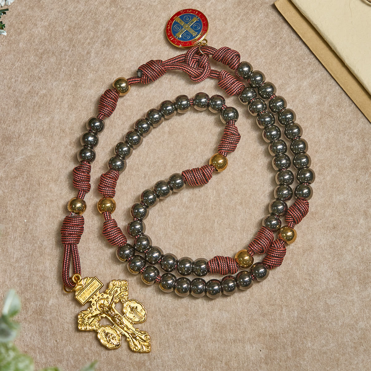 Bronze -Tone Beads Rosary with Pardon Cross & St. Benedict Accents