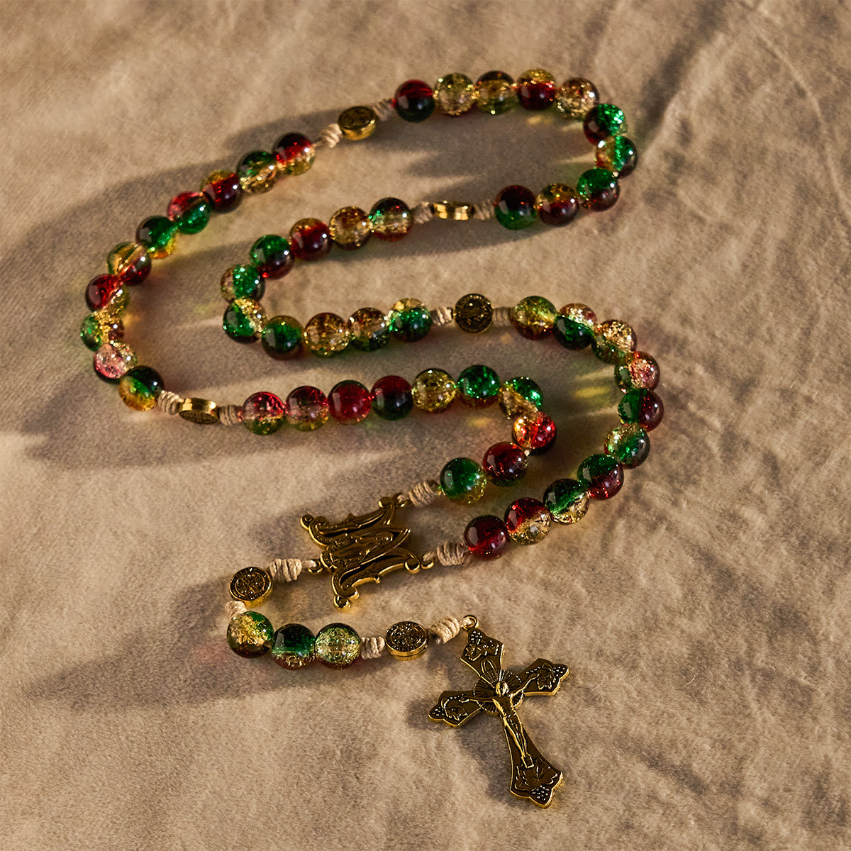 Christmas Glass Rosary with Cross: Faithful Celebration & Festive Luster