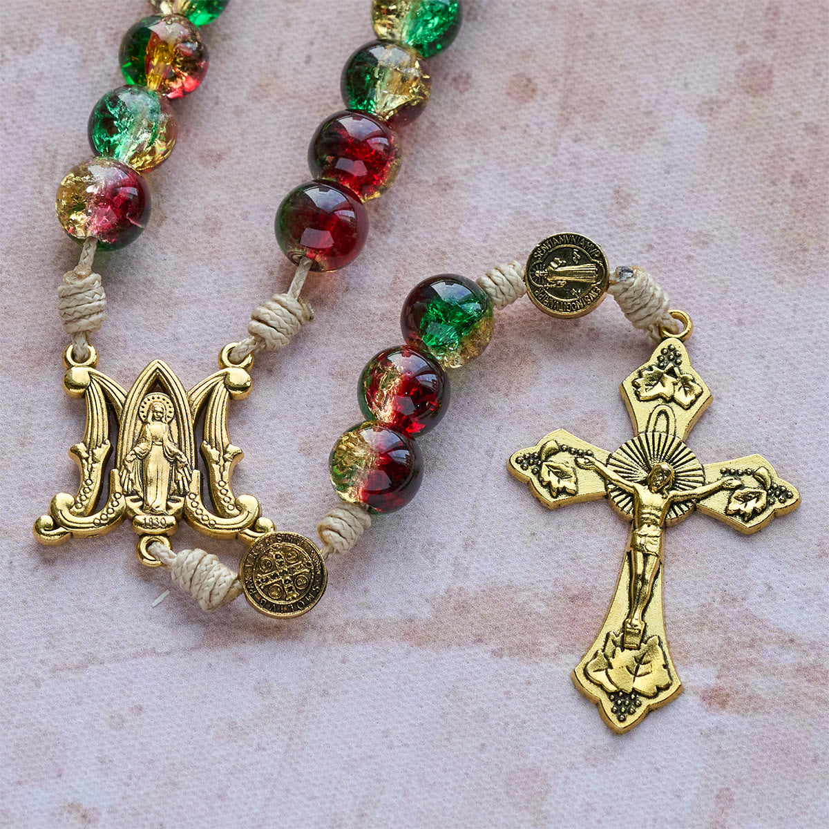 Christmas Glass Rosary with Cross: Faithful Celebration & Festive Luster