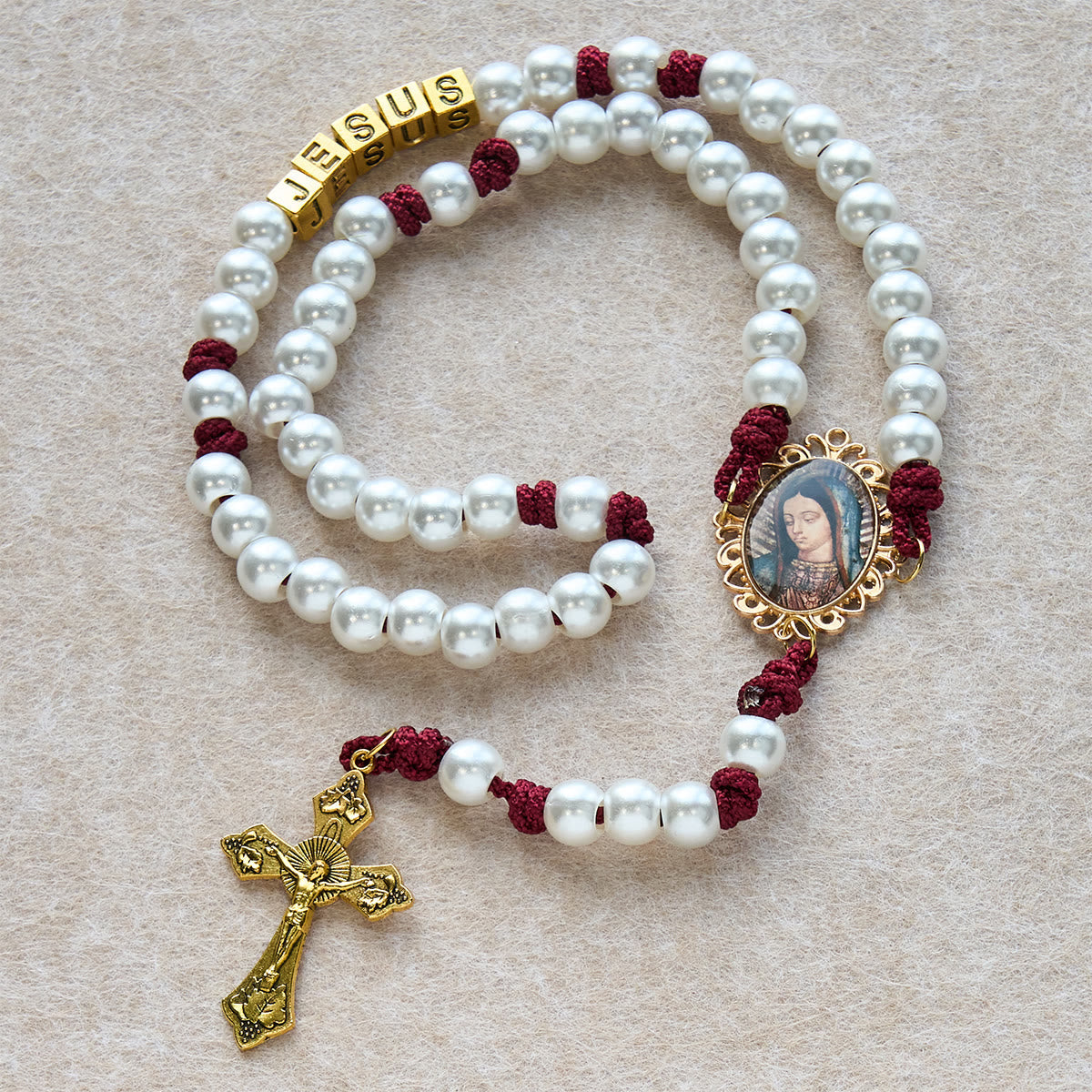 Graceful White Custom Rosary with Burgundy Paracord & Personalized JESUS Letters