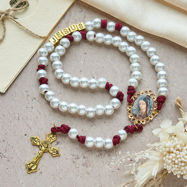 Graceful White Custom Rosary with Burgundy Paracord & Personalized JESUS Letters