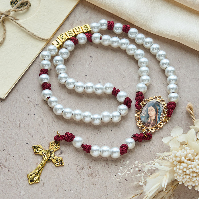 Graceful White Custom Rosary with Burgundy Paracord & Personalized JESUS Letters