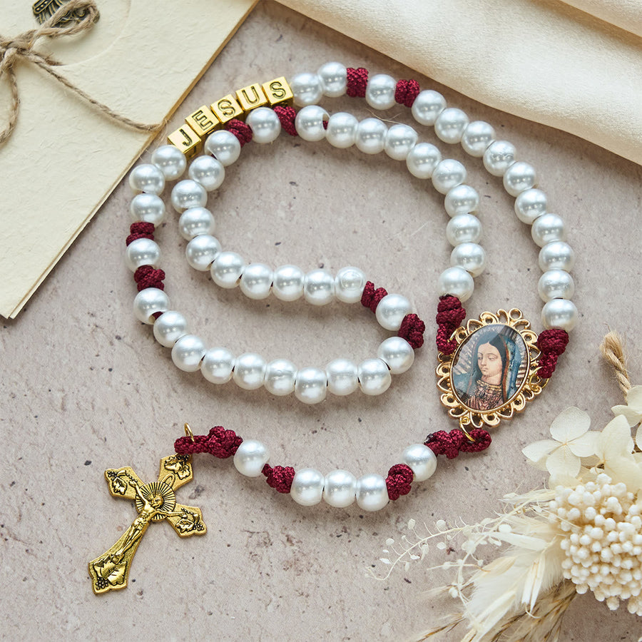 Graceful White Custom Rosary with Burgundy Paracord & Personalized JESUS Letters