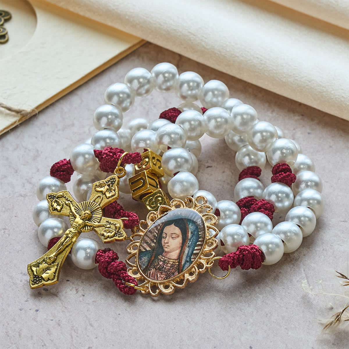 Graceful White Custom Rosary with Burgundy Paracord & Personalized JESUS Letters