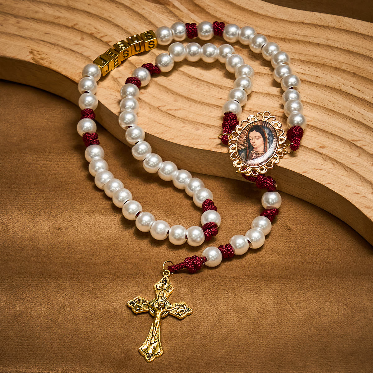 Graceful White Custom Rosary with Burgundy Paracord & Personalized JESUS Letters