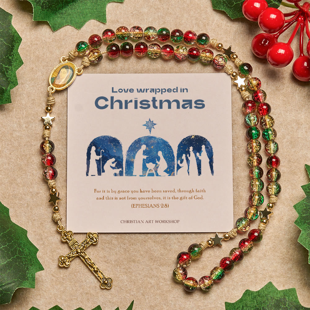 Christmas Gift: Christmas Glass Bead Rosary: Our Lady of Guadalupe Medal & Golden Crucifix