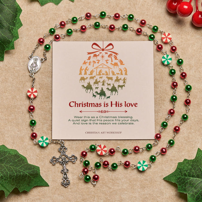 Christmas Gift: Festive Christmas Rosary: Red - Green Beads, Candy Shapes & Crucifix