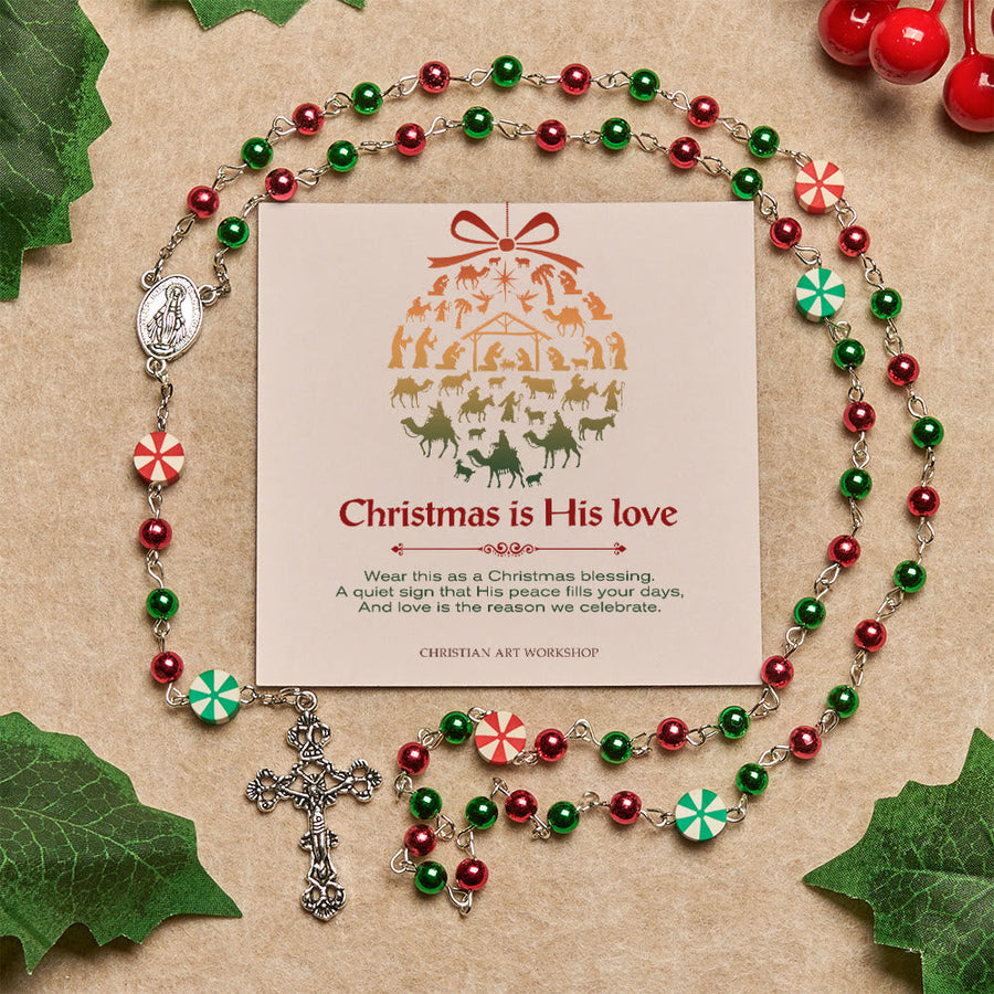 Christmas Gift: Festive Christmas Rosary: Red - Green Beads, Candy Shapes & Crucifix