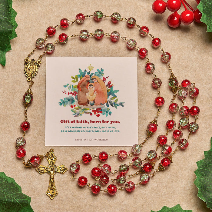 Christmas Gift: Christmas - Themed Red Bead Rosary with Golden Crucifix & Madonna Medal