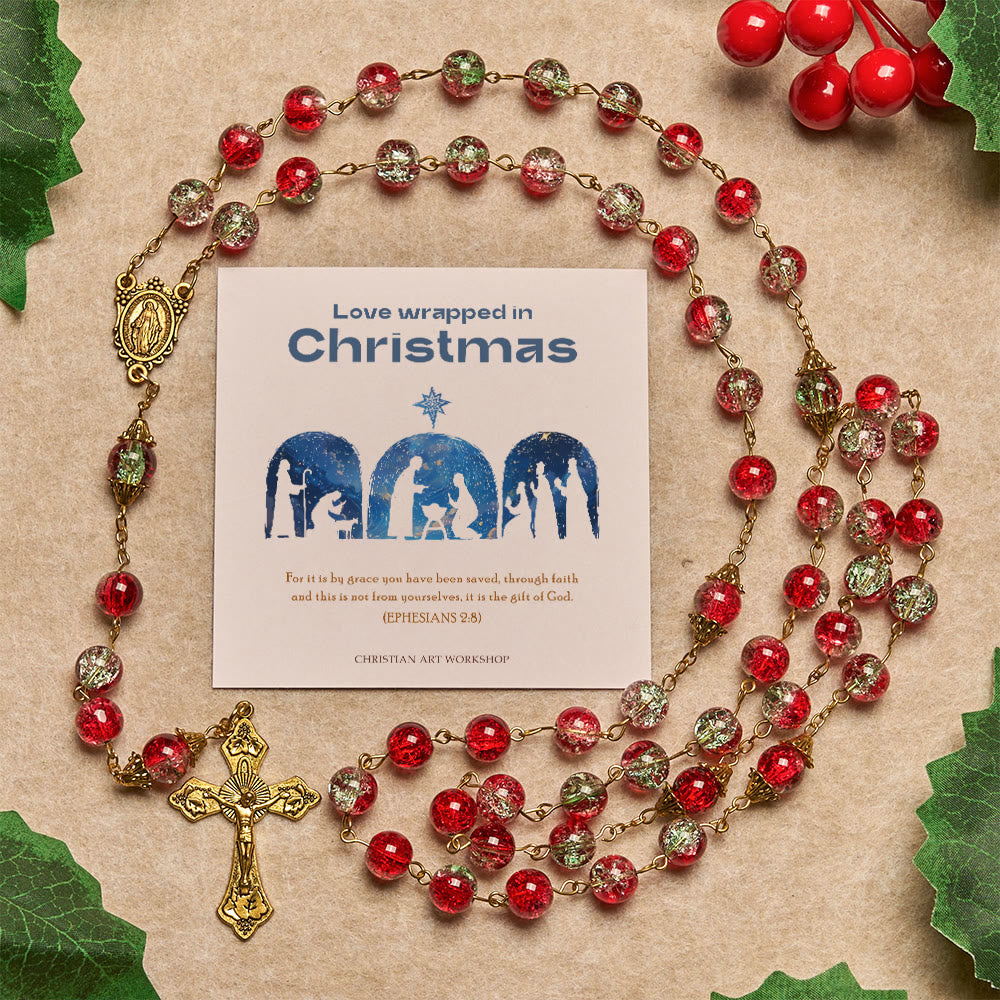 Christmas Gift: Christmas - Themed Red Bead Rosary with Golden Crucifix & Madonna Medal