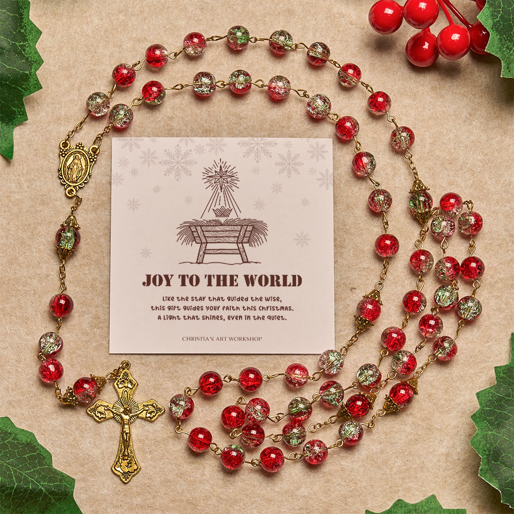 Christmas Gift: Christmas - Themed Red Bead Rosary with Golden Crucifix & Madonna Medal