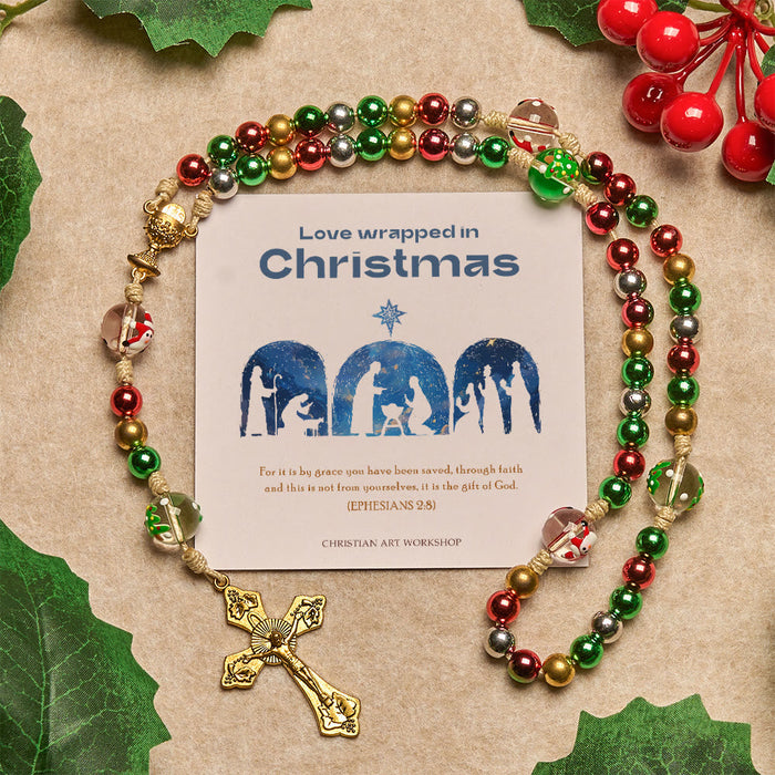Christmas Gift: Christmas Atmosphere Rosary: Colorful Beads & Ornate Golden Crucifix