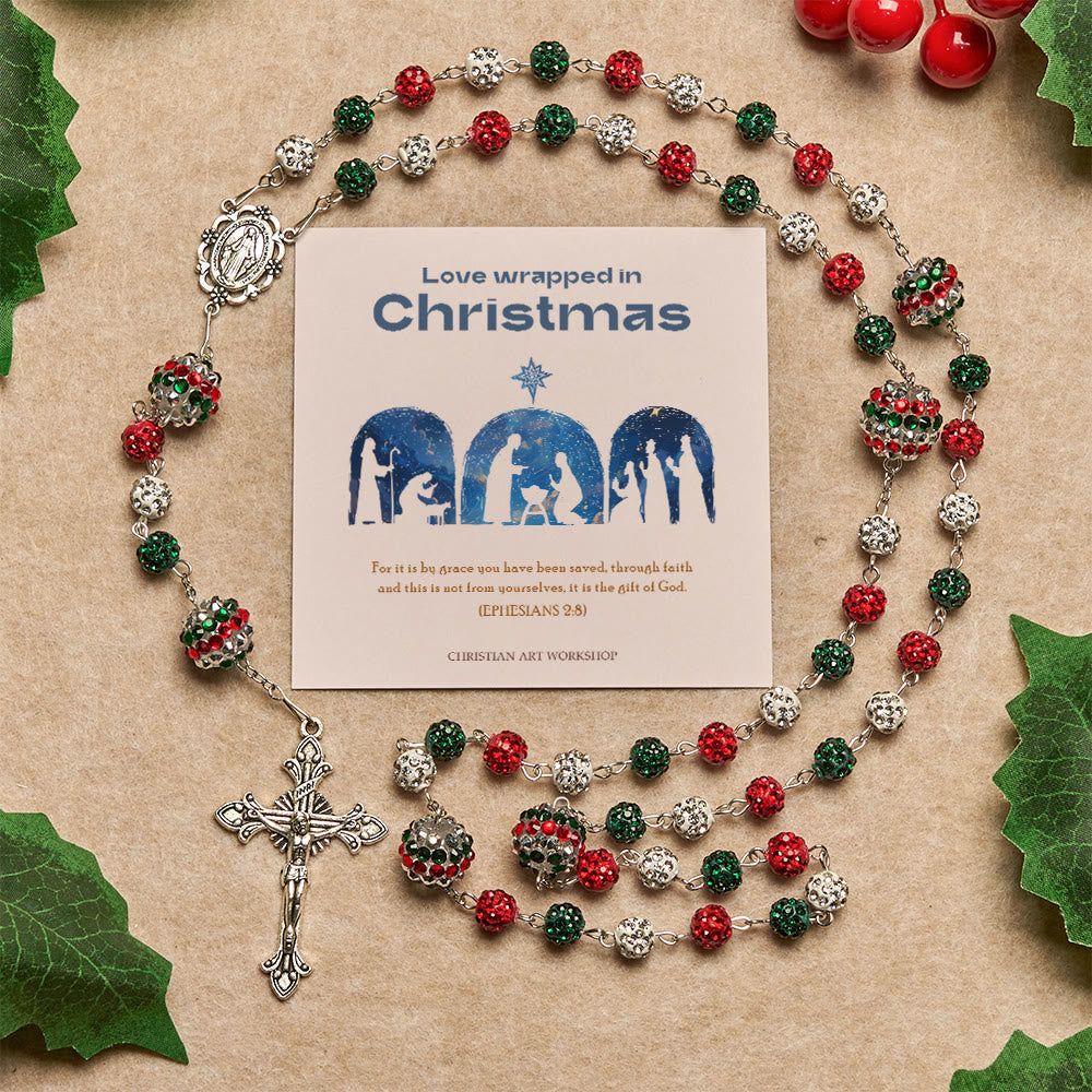 Christmas Gift: Crystal-Covered Tricolor Beads & Miraculous Medal Glam Sparkling Rosary