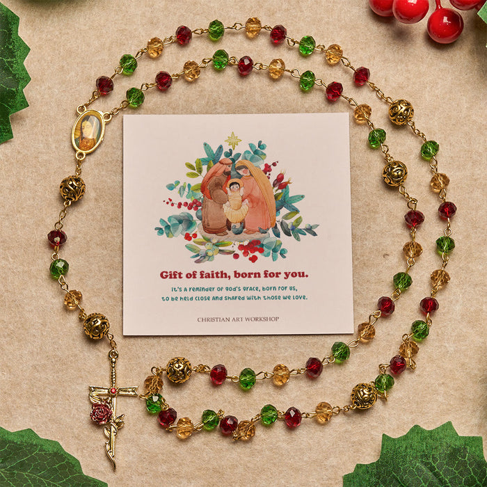 Christmas Gift: Vintage Red Green Faceted Beads Christmas Rosary with Our Lady & Rose Crucifix