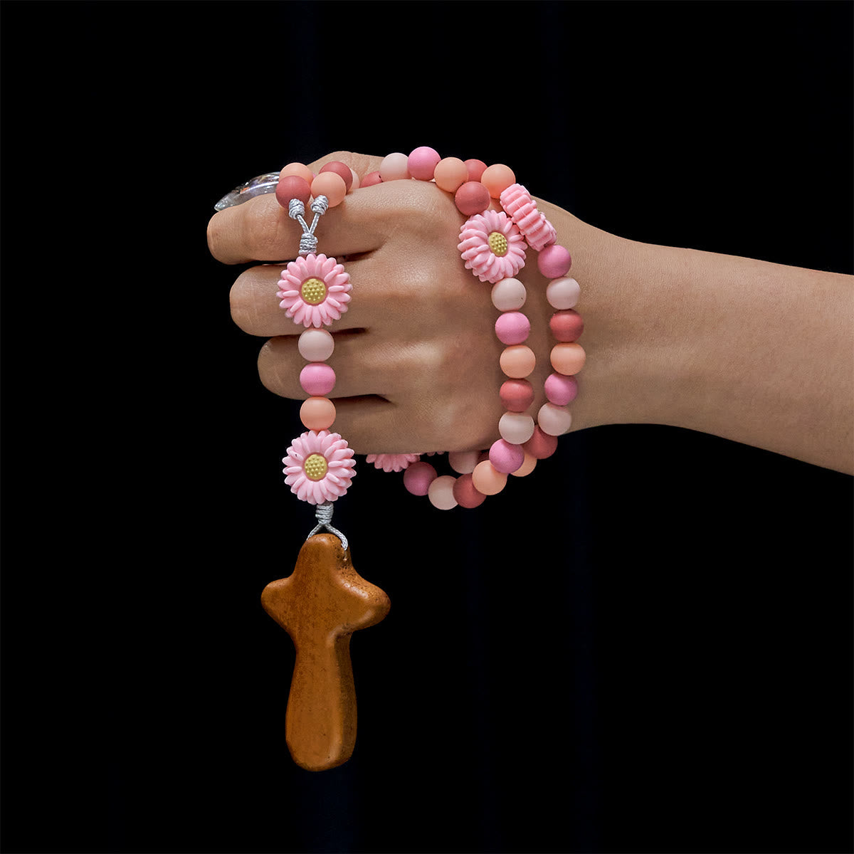 Children’s Silicone Pink Daisy Rosary with Wood Cross