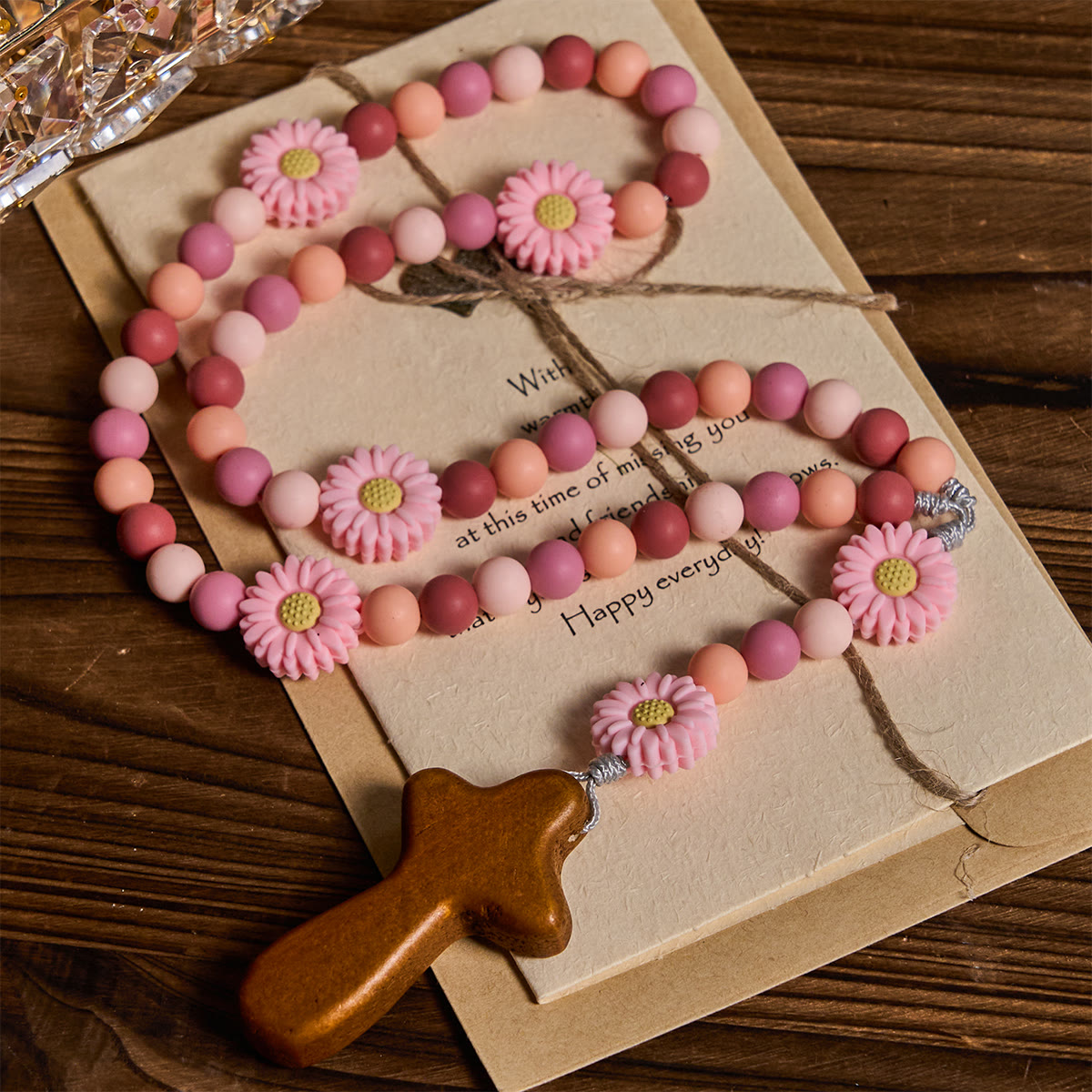 Children’s Silicone Pink Daisy Rosary with Wood Cross